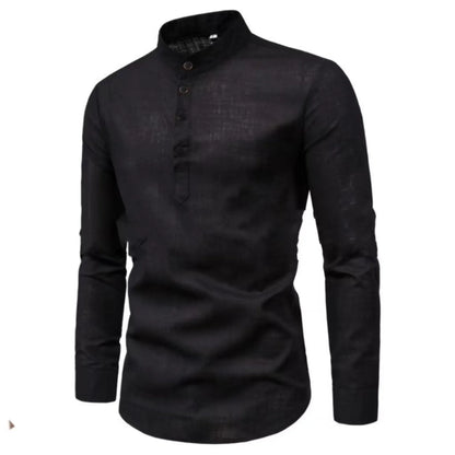 Men's Casual Long Sleeve Linen Blend Henley Shirt with Roll-Up Sleeves and Stand Collar, Ideal for Lightweight Summer Wear