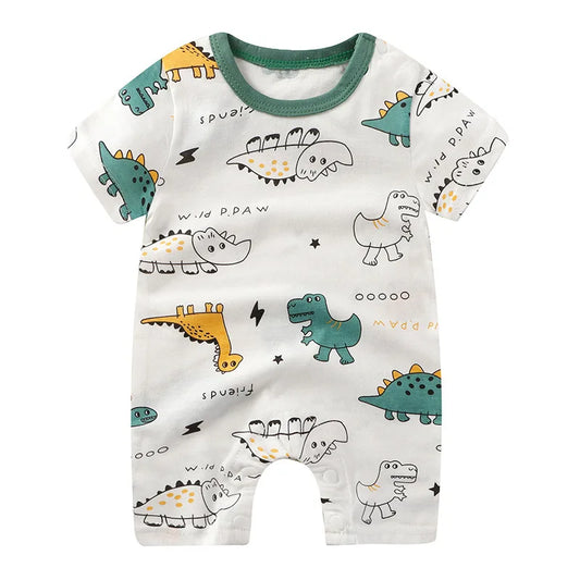 Baby Romper with Cute Dinosaur Prints and Short Sleeves