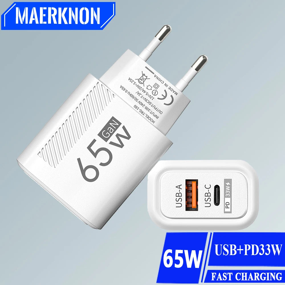 65W GaN Fast Charger with Dual USB-A and USB-C Ports, Featuring Power Delivery (PD) 33W for Efficient Charging of Multiple Devices Simultaneously