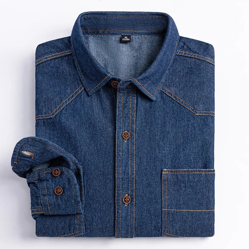 Long-Sleeve Denim Button-Up Shirt with Turn-Down Collar and Dual Chest Pockets