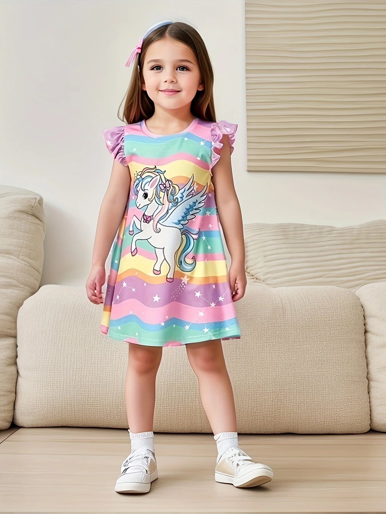 Girls' Unicorn and Rainbow Dress with Ruffled Sleeves – Adorable and Comfortable Summer Wear for Kids