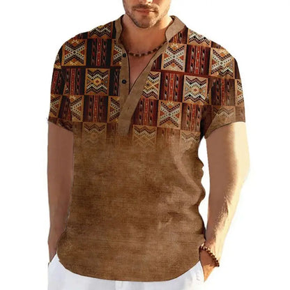 Men's short sleeve V-neck shirt with bold geometric patchwork design for a stylish and unique casual look