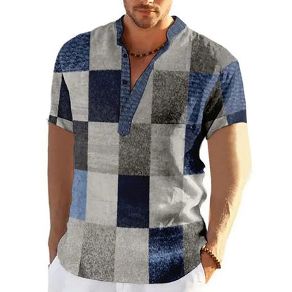 Men's short sleeve V-neck shirt with bold geometric patchwork design for a stylish and unique casual look