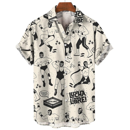 Short-Sleeve Hawaiian Shirt with Lucha Libre Wrestler Print and Button-Up Design