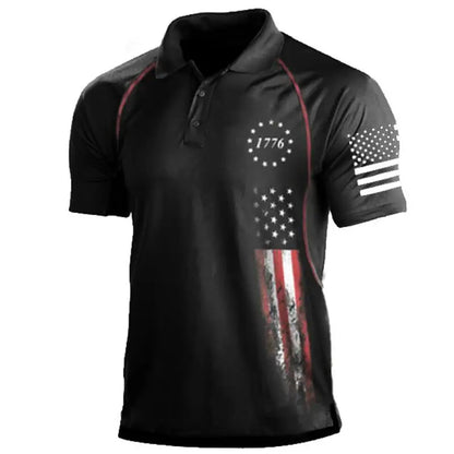 Men's Patriotic Polo Shirt with 1776 Graphic and American Flag Print on Sleeve and Front