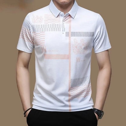 Men's Modern Graphic Pattern Polo Shirt with Button Collar and Short Sleeves