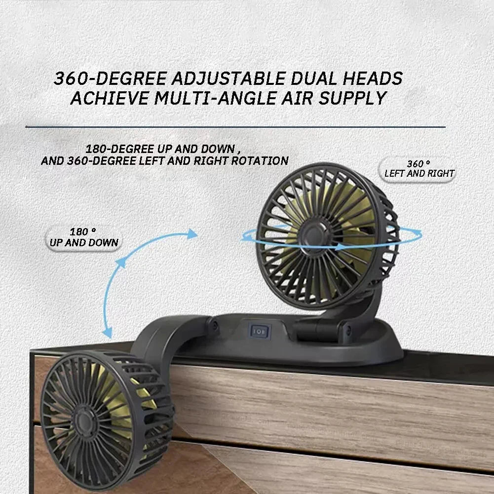 Dual Head USB Car Fan with Adjustable Speed, 360° Rotation, and Low Noise Operation for Efficient Cooling and Air Circulation