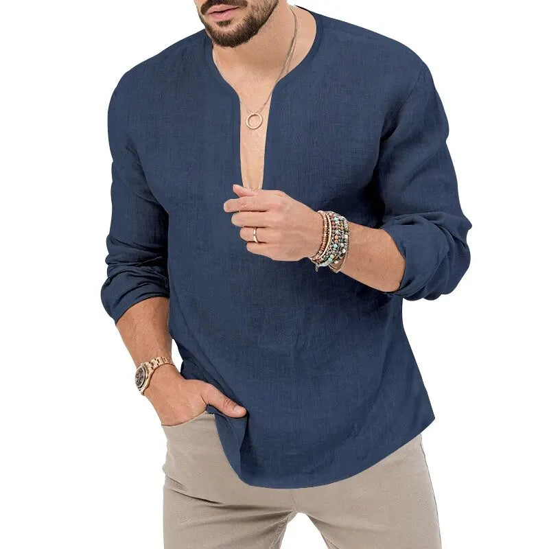 Men's Long-Sleeve V-Neck Casual Linen Shirt for a Relaxed and Stylish Look