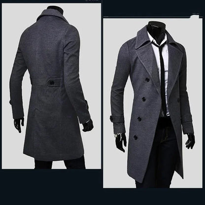 Mens Double Breasted Trench Coat Wool Blend 2024 Autumn Winter Solid Casual Slim Fit Long Jacket Wool Coat Fashion Mens Clothing