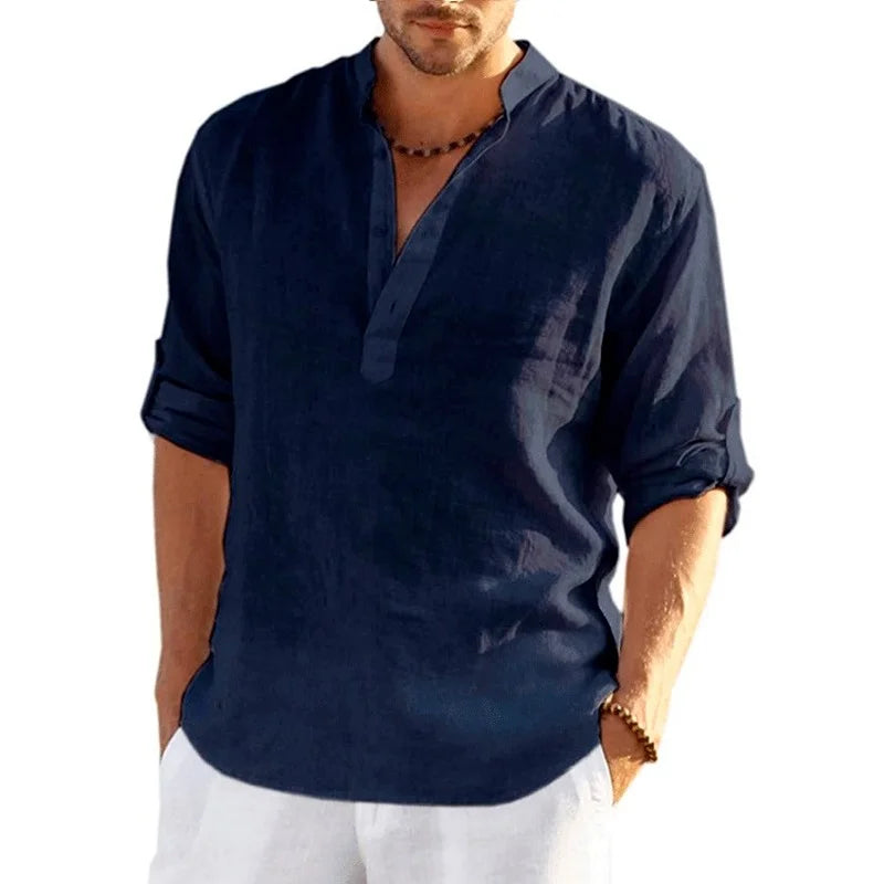 Men's Casual Long Sleeve Linen Blend Henley Shirt with Roll-Up Sleeves and Stand Collar, Available in Multiple Colors