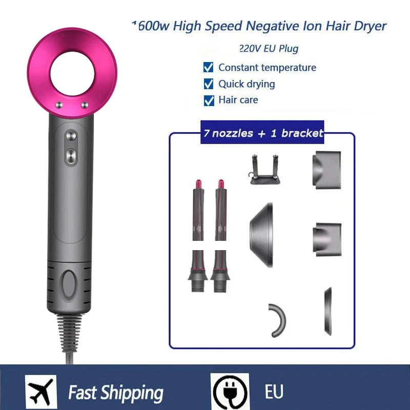 High-Speed Negative Ion Hair Dryer with 7 Nozzle Attachments and Bracket, 600W Power, EU Plug, Constant Temperature for Quick Drying and Hair Care