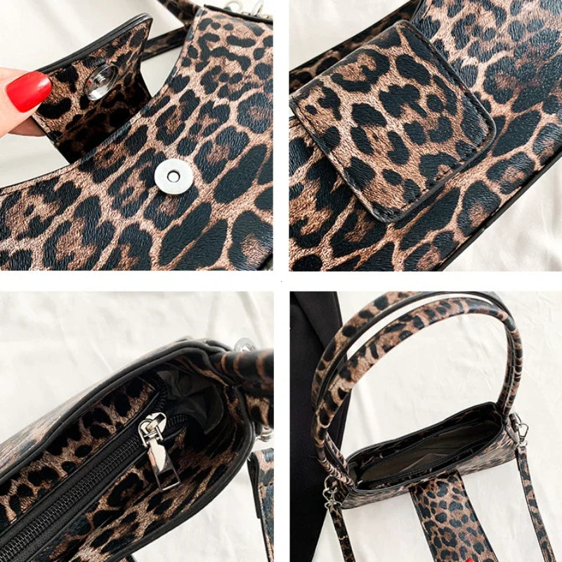 Chic Leopard Print Shoulder Bag with Flap Closure and Fashionable Design