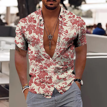 Men's Tropical Print Casual Short Sleeve Button-Down Shirt with Deep V-Neck Design