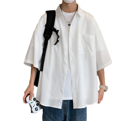 Men's Oversized Short-Sleeve Button-Up Shirt with Chest Pocket and Casual Streetwear Design for Trendy Everyday Wear