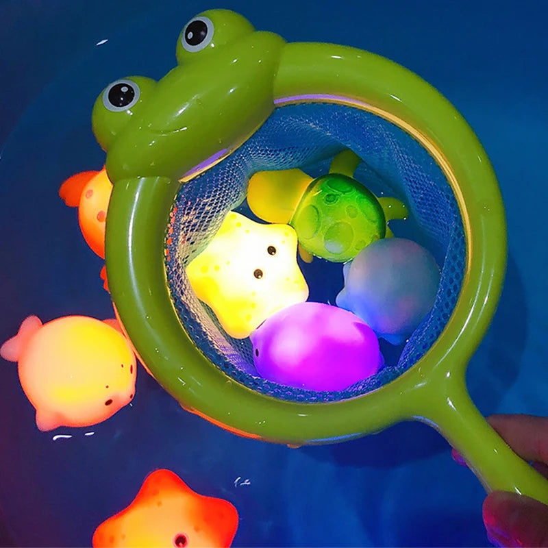 Light-Up Bath Toy Set with Animal Figures and Fishing Net, Interactive Water Play for Toddlers, Glowing Floating Toys for Fun and Educational Bathtime Activities