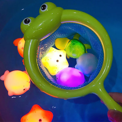 Light-Up Bath Toy Set with Animal Figures and Fishing Net, Interactive Water Play for Toddlers, Glowing Floating Toys for Fun and Educational Bathtime Activities