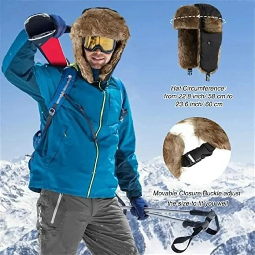 Winter Faux Fur Trapper Hat with Ear Flaps and Adjustable Strap for Ultimate Warmth and Wind Protection