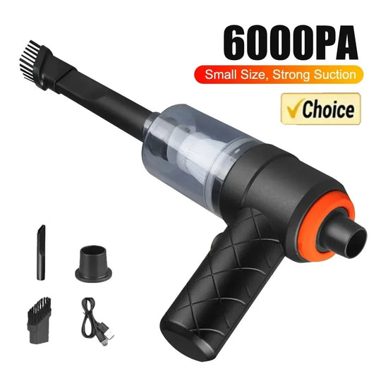 Portable Handheld Vacuum Cleaner with 6000PA Strong Suction, Compact Design, and Multiple Attachments for Car and Home Cleaning