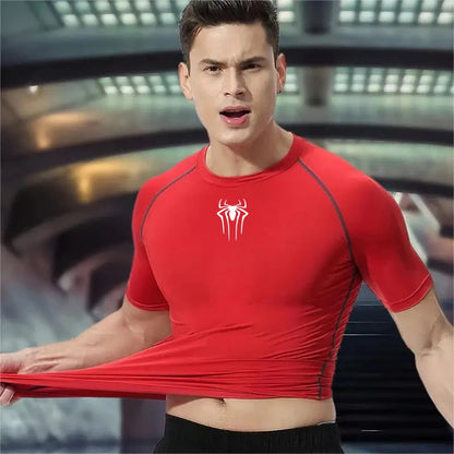 Men's Compression Fitness T-Shirt with Spider Emblem Design and Short Sleeves for Athletic and Gym Wear