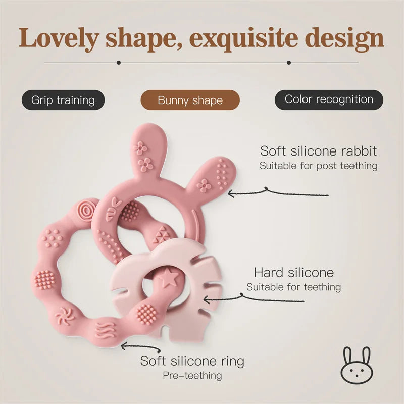 Textured Baby Teething Rings with Animal Shapes, Made from Safe Silicone for Soothing Sore Gums and Encouraging Sensory Development