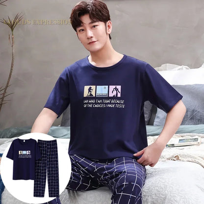 Men's Casual Short Sleeve T-Shirt with Chest Pocket Detail and Matching Plaid Lounge Pants Set for Relaxed Home Wear