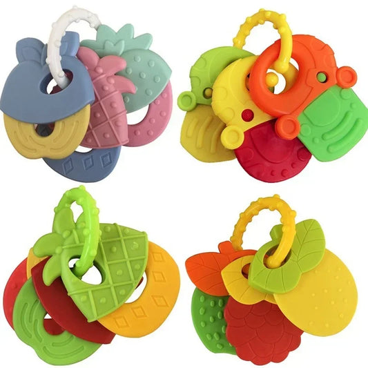 Multi-Texture Fruit-Shaped Silicone Baby Teethers Set for Sore Gum Relief and Sensory Development