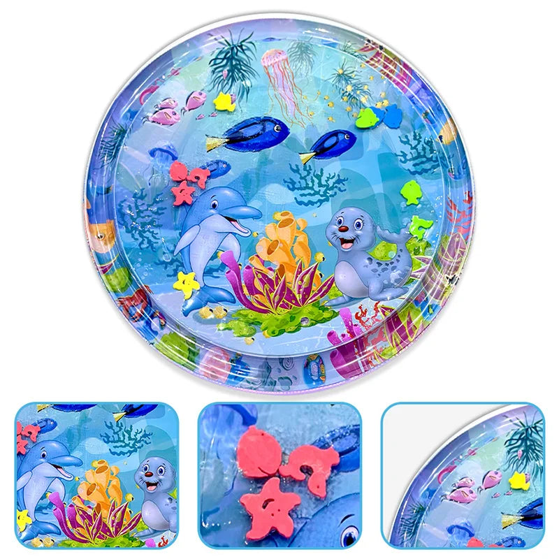 Round Inflatable Tummy Time Water Play Mat with Underwater Theme and Floating Toys for Baby's Sensory Development and Fun Playtime