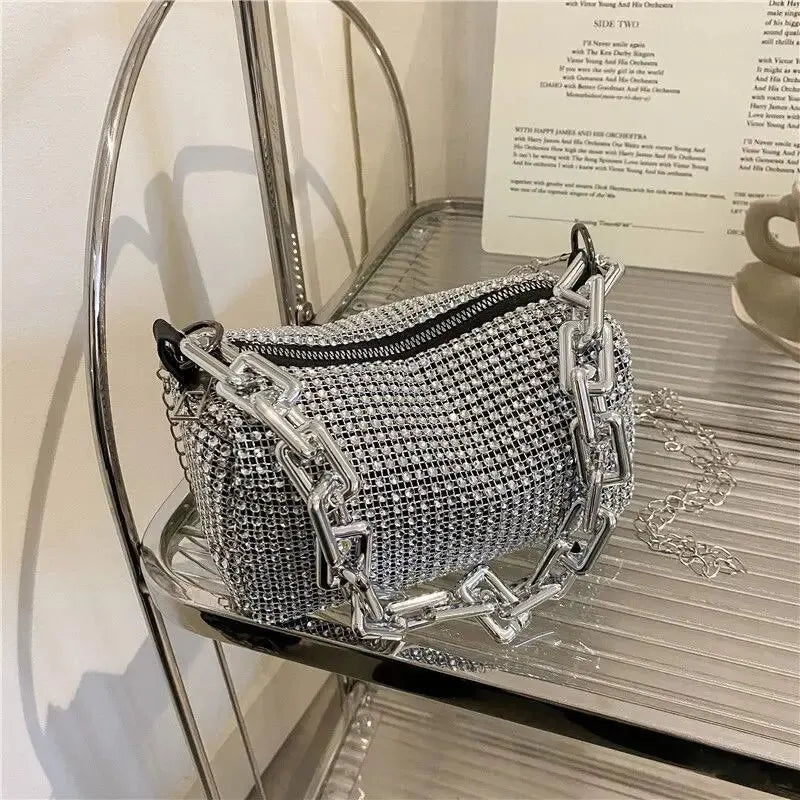 Rhinestone-Studded Evening Clutch Bag with Chunky Chain Strap for Women