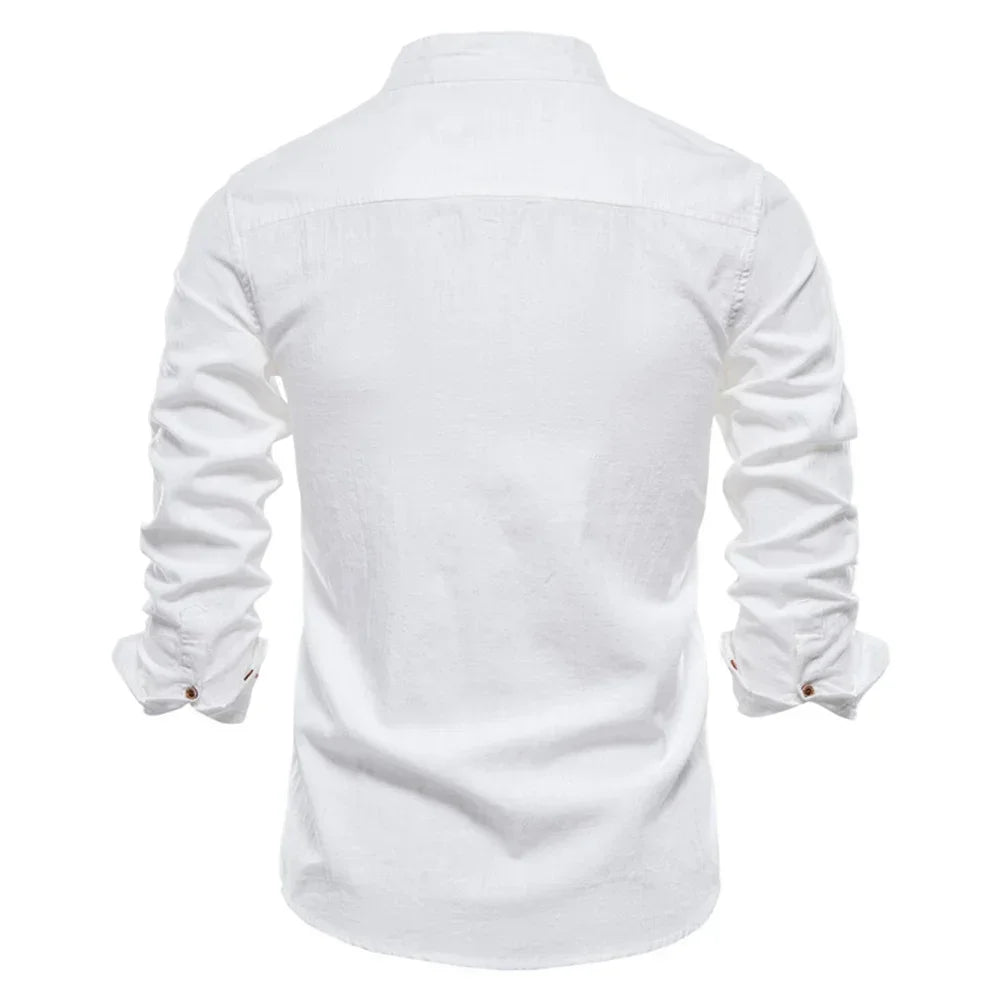 Men's Long-Sleeve Mandarin Collar Shirt with Button-Up Front and Embroidered Logo