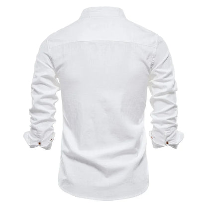 Men's Long-Sleeve Mandarin Collar Shirt with Button-Up Front and Embroidered Logo