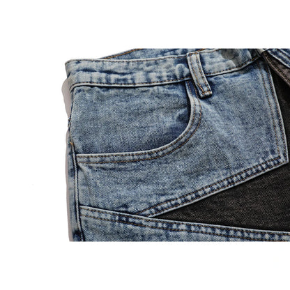 Men's High Street Denim Shorts with Star Patchwork Design, Knee-Length, Button Fly Closure, and Mid Waist Fit.