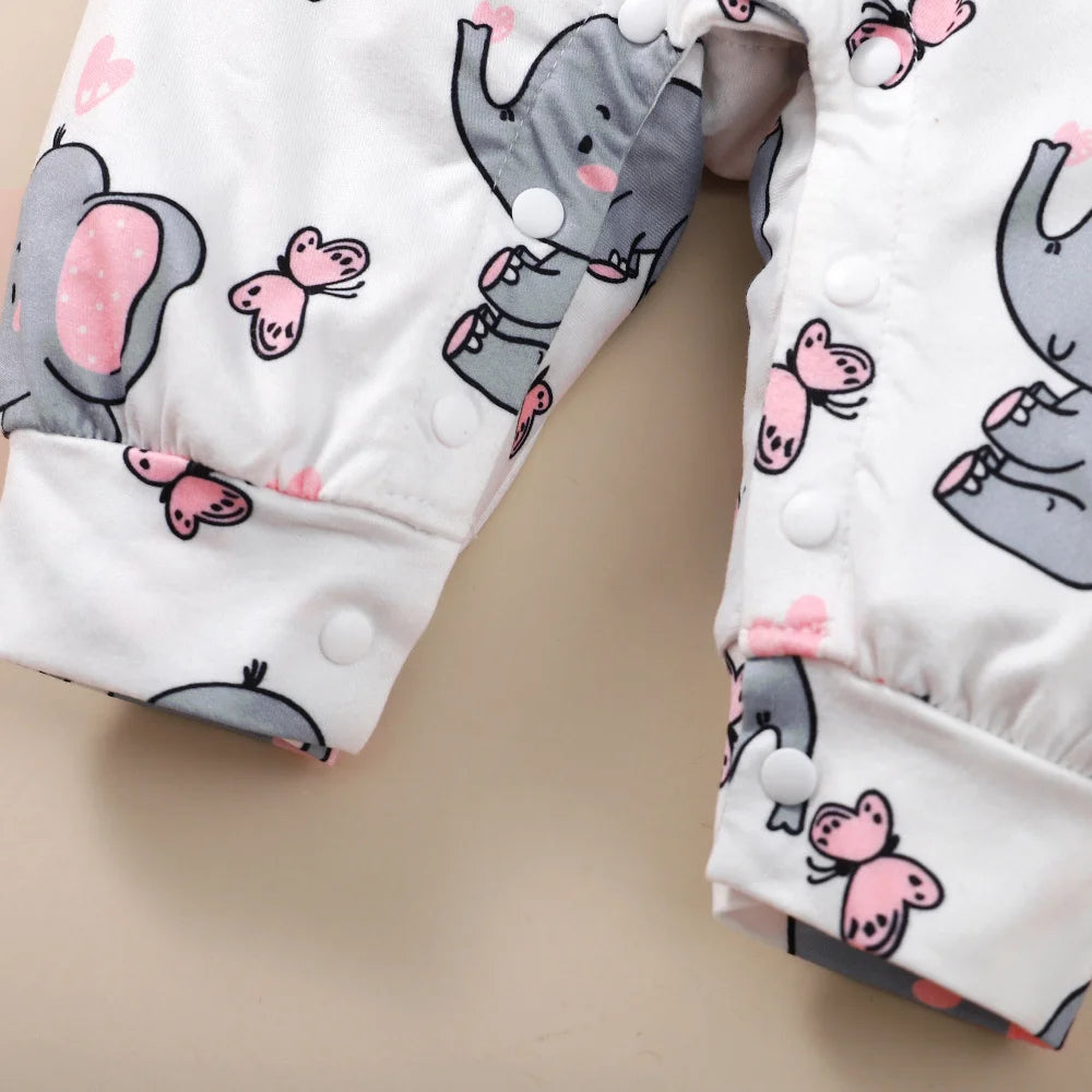 Adorable Elephant Print Baby Romper with Matching Headband - Soft and Comfortable Long-Sleeve Jumpsuit for Newborns and Infants