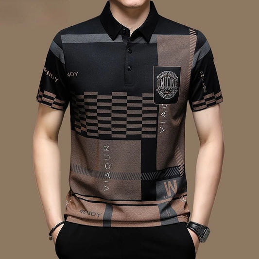 Men's Modern Graphic Pattern Polo Shirt with Button Collar and Short Sleeves