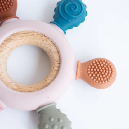 Premium Wooden and Silicone Baby Teething Ring with Multiple Textures and Shapes for Soothing Teething Relief and Sensory Development