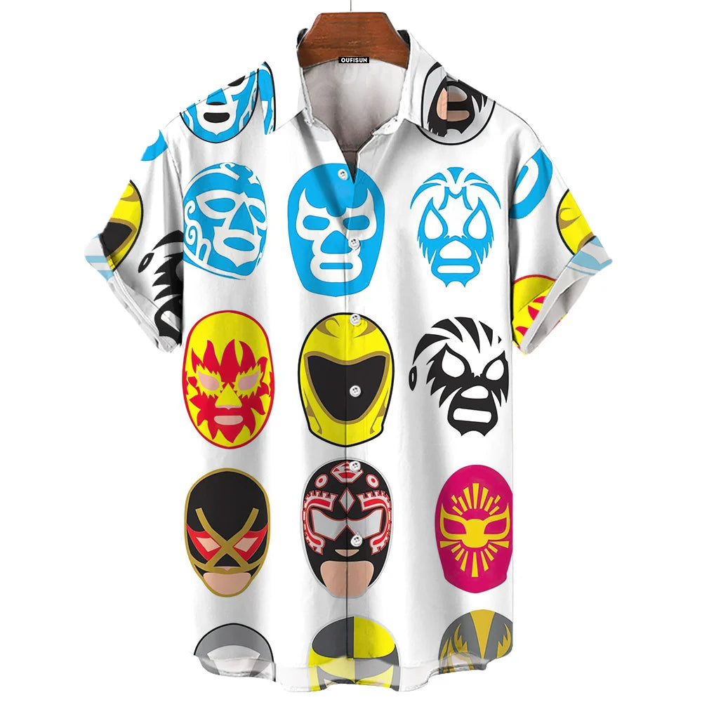 Short-Sleeve Hawaiian Shirt with Lucha Libre Wrestler Print and Button-Up Design