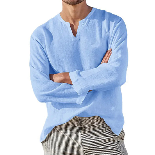 Men's long sleeve linen shirt with split V-neck and relaxed fit for breathable casual wear