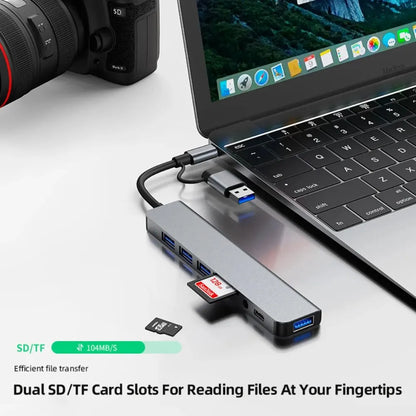 7-in-1 USB-C Hub with Multiple Ports Including USB 3.0, USB 2.0, TF/SD Card Reader, and 3.5mm Audio Jack, Compatible with Laptops, Tablets, and Smartphones for Efficient Data Transfer and Connectivity