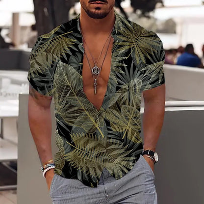 "Men's Tropical Print Short Sleeve Casual Button-Up Shirt with Relaxed Fit"