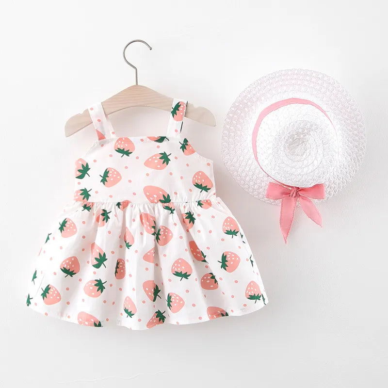 Cute Strawberry Print Baby Dress with Matching Hat and Bow Detail – Ideal for Summer Outings and Special Occasions