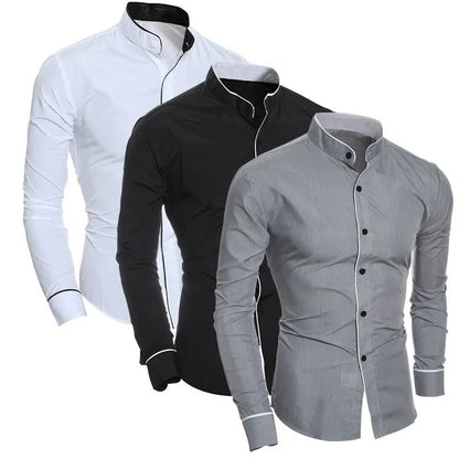 Slim Fit Casual Shirt with Contrast Piping and Stand Collar for Men