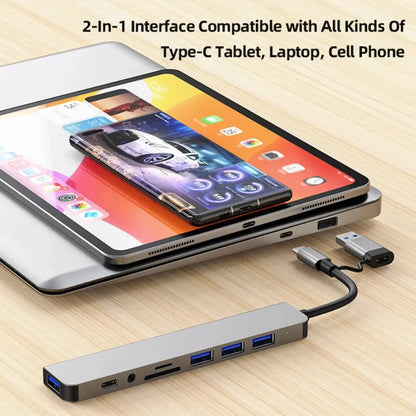 7-in-1 USB-C Hub with Multiple Ports Including USB 3.0, USB 2.0, TF/SD Card Reader, and 3.5mm Audio Jack, Compatible with Laptops, Tablets, and Smartphones for Efficient Data Transfer and Connectivity