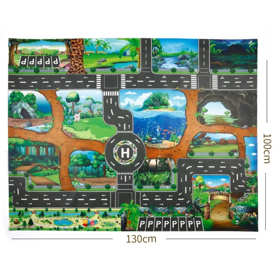 Interactive Dino Park Play Mat for Kids with Roads, Dinosaurs, and Vehicles - 100x130 cm