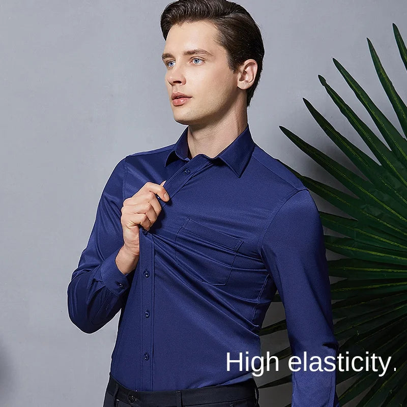 Men's Long-Sleeve Stretchable Dress Shirt with Non-Iron and Anti-Wrinkle Fabric