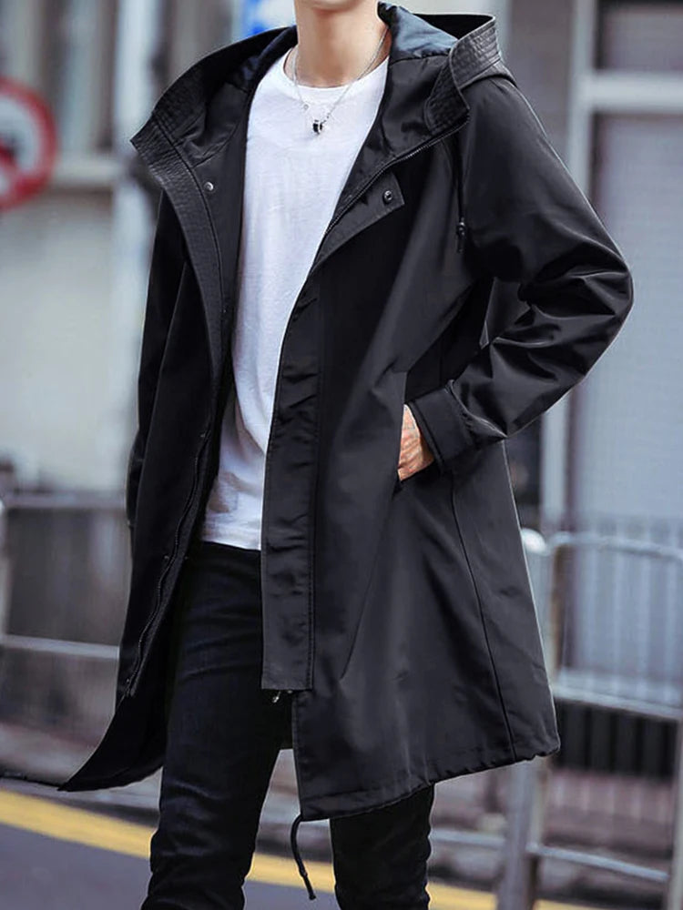 Men's Hooded Long Coat with Mandarin Collar and Open Stitch Closure for a Sleek, Modern Look