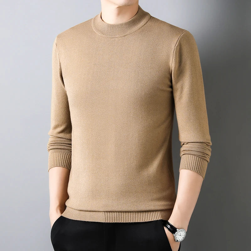 Men's Soft Knit Mock Neck Sweater with Ribbed Collar and Stretchable Fabric