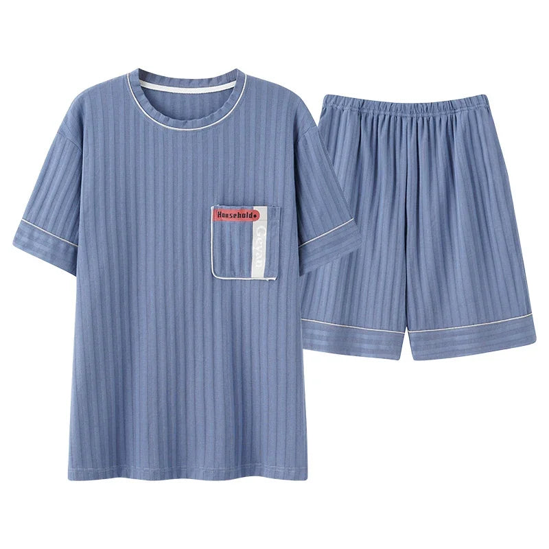 Men's Striped Short and Long Sleeve Pajama Set with Chest Pocket and Contrast Piping for Versatile Sleepwear Options