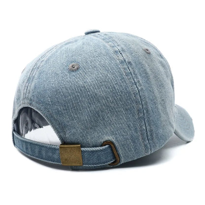 Distressed Denim Baseball Cap with Embroidered Initials and Adjustable Strap for Trendy Casual Wear