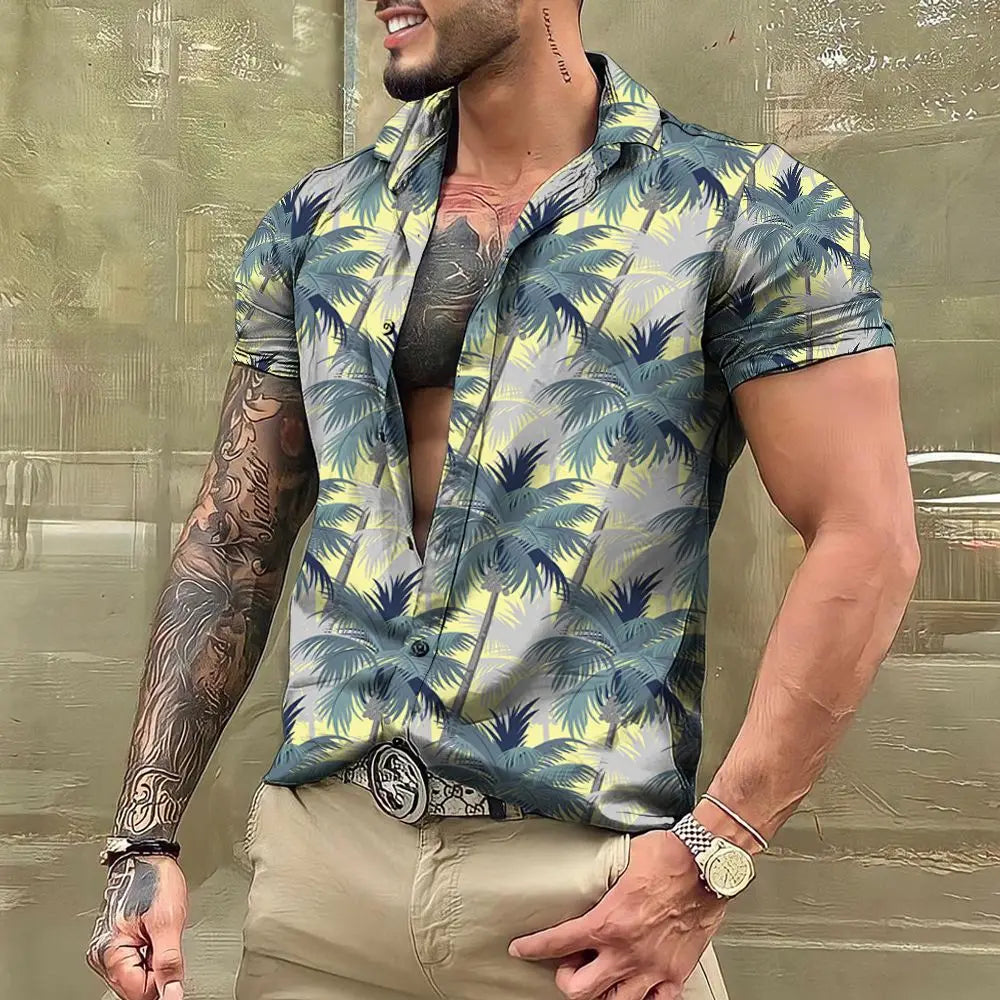 "Men's Tropical Print Short Sleeve Casual Button-Up Shirt with Relaxed Fit"