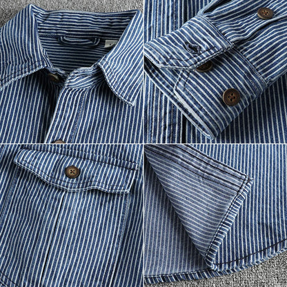 Men's Long-Sleeve Striped Button-Up Shirt with Dual Chest Pockets and Vintage-Inspired Design for Casual and Stylish Wear