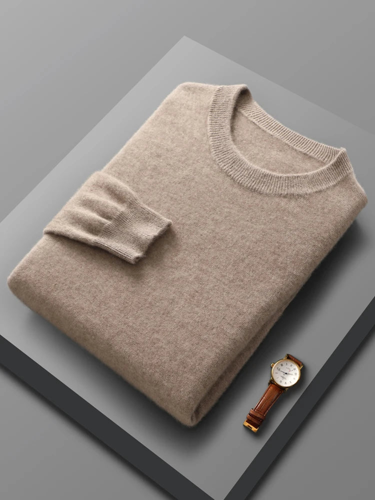 Men's Cashmere Blend Crew Neck Sweater with Ribbed Cuffs and Hem, Offering Luxurious Warmth and Comfort for a Sophisticated Look